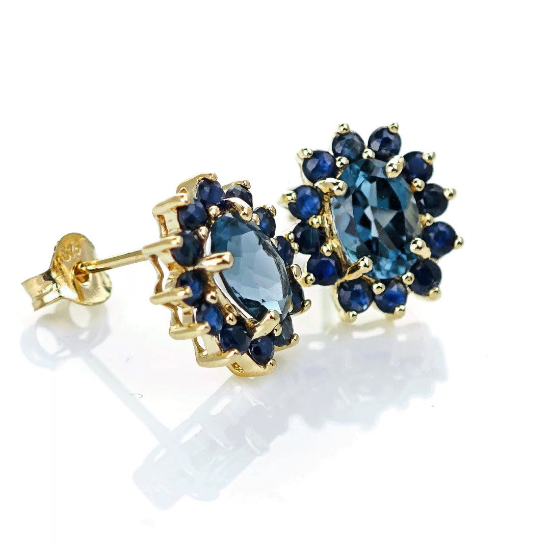 9ct Topaz Sapphire Earrings Gold Studs Natural Treated Blue Gemstones 2.75ct