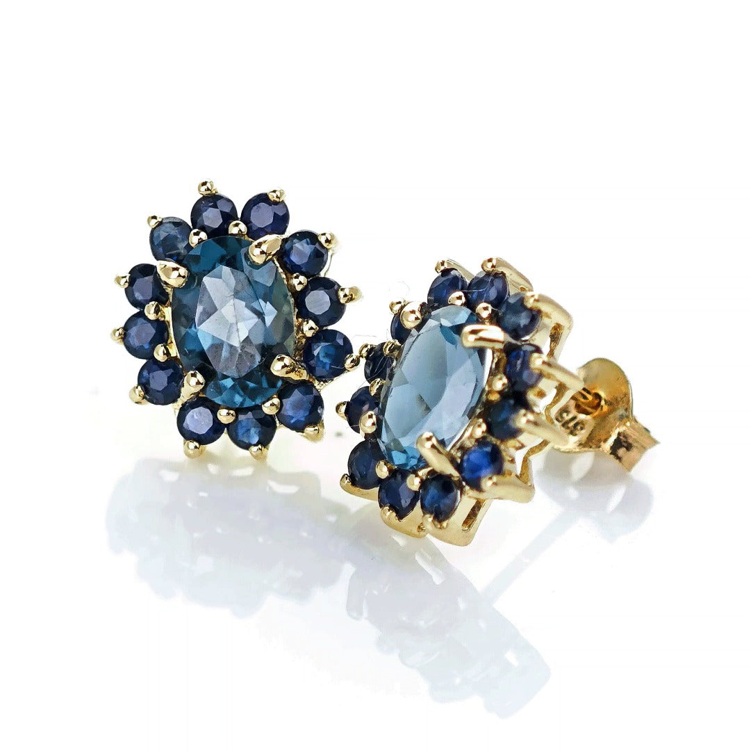 9ct Topaz Sapphire Earrings Gold Studs Natural Treated Blue Gemstones 2.75ct
