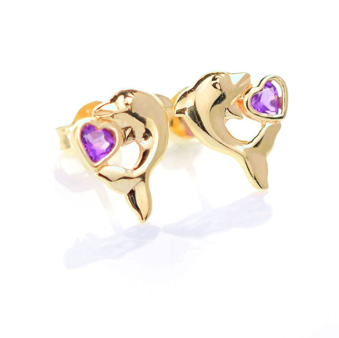 9ct Amethyst Dolphin Earrings Gold Heart Studs Natural Purple Gemstones 0.18ct