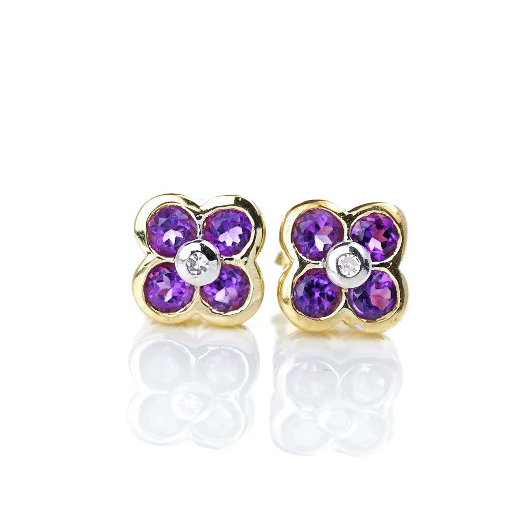 9ct Amethyst Diamond Earrings Gold Flower Studs Natural Purple Gemstones 0.4ct