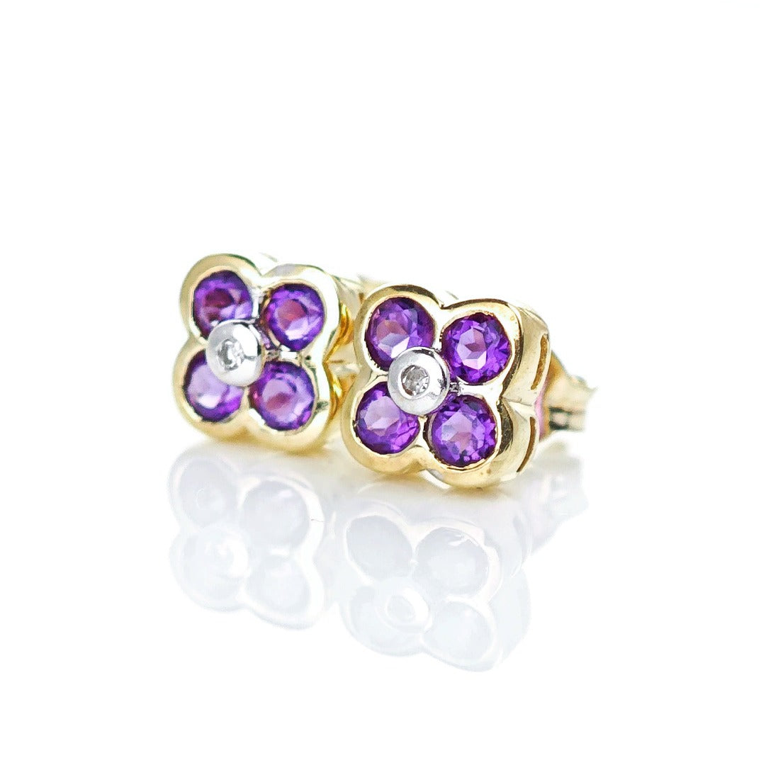 9ct Amethyst Diamond Earrings Gold Flower Studs Natural Purple Gemstones 0.4ct
