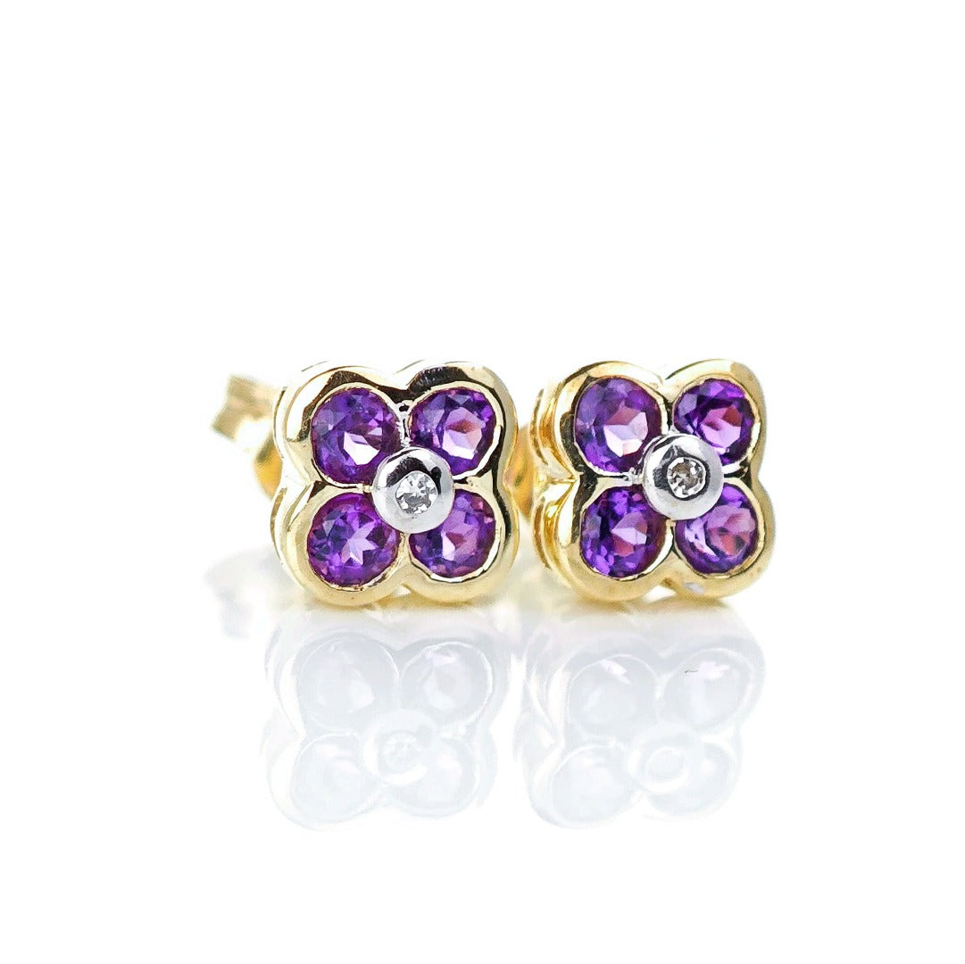 9ct Amethyst Diamond Earrings Gold Flower Studs Natural Purple Gemstones 0.4ct