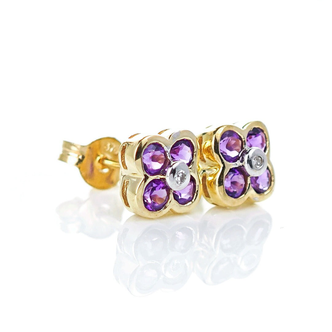 9ct Amethyst Diamond Earrings Gold Flower Studs Natural Purple Gemstones 0.4ct