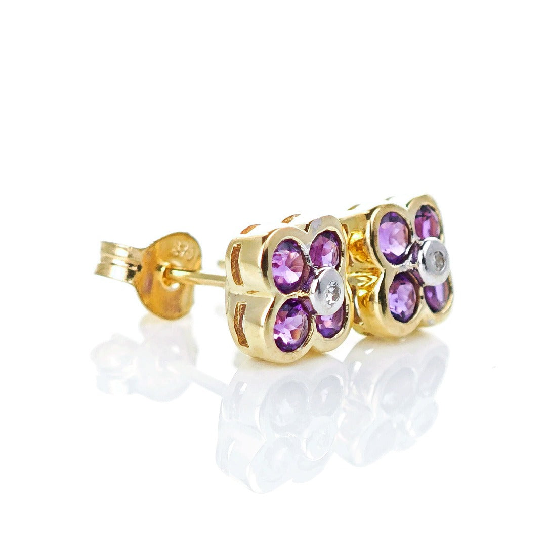 9ct Amethyst Diamond Earrings Gold Flower Studs Natural Purple Gemstones 0.4ct