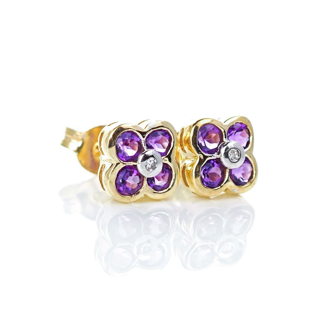 9ct Amethyst Diamond Earrings Gold Flower Studs Natural Purple Gemstones 0.4ct