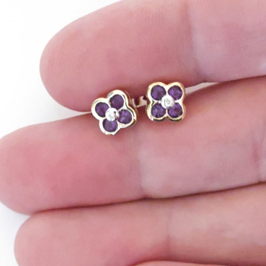 9ct Amethyst Diamond Earrings Gold Flower Studs Natural Purple Gemstones 0.4ct