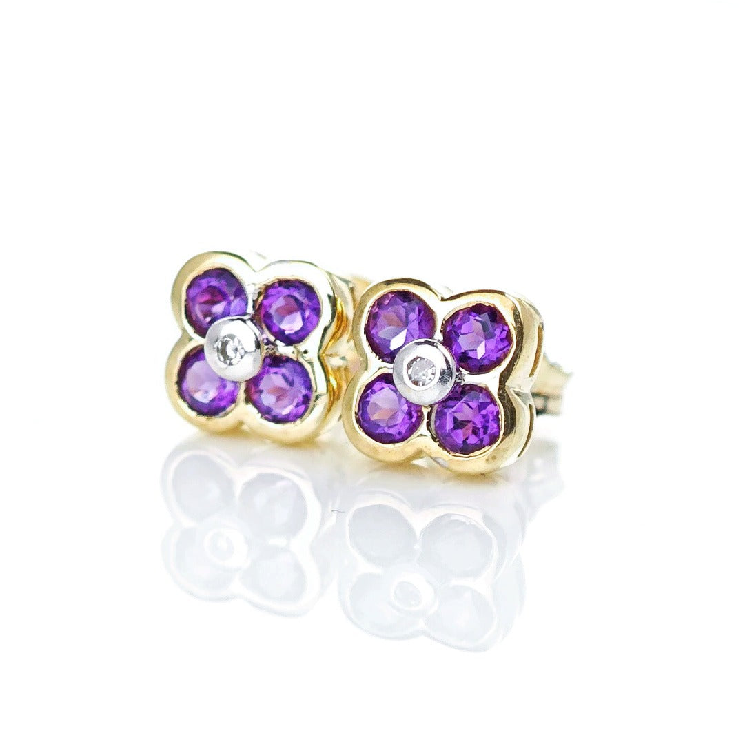 9ct Amethyst Diamond Earrings Gold Flower Studs Natural Purple Gemstones 0.4ct