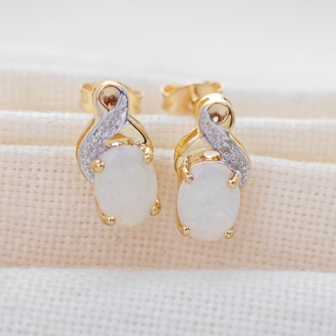 9ct Opal Diamond Earrings Gold Studs Natural White Gemstones 0.88ct