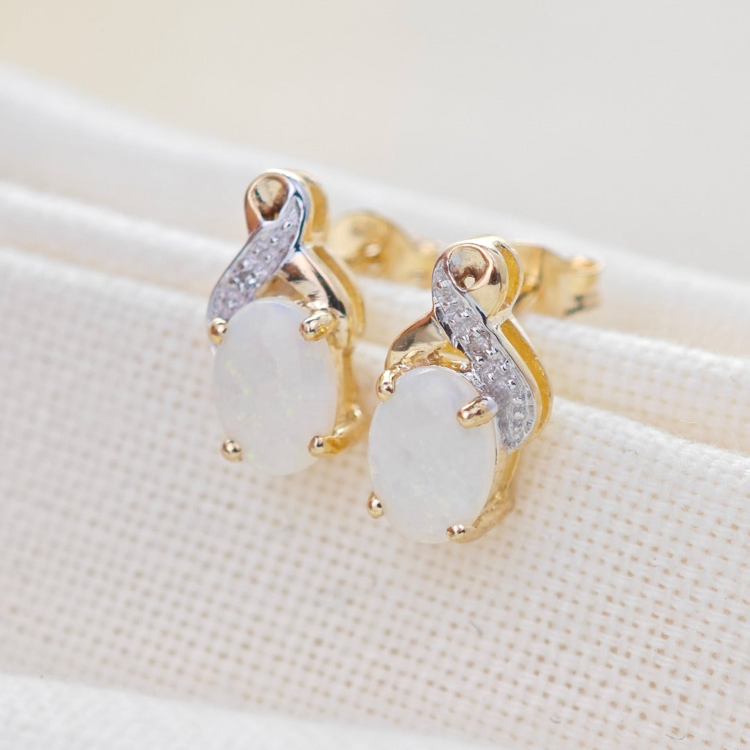 9ct Opal Diamond Earrings Gold Studs Natural White Gemstones 0.88ct