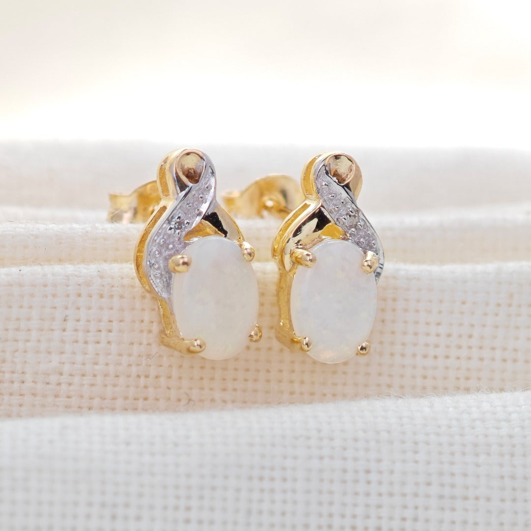 9ct Opal Diamond Earrings Gold Studs Natural White Gemstones 0.88ct