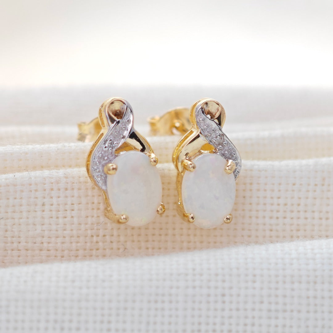 9ct Opal Diamond Earrings Gold Studs Natural White Gemstones 0.88ct