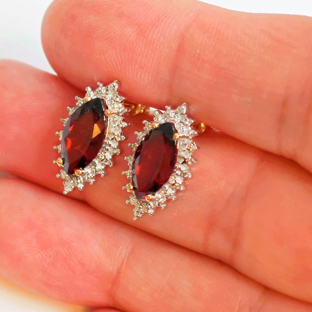 9ct Garnet Diamond Earrings Diamond Gold Studs Natural Gemstones 5.8ct