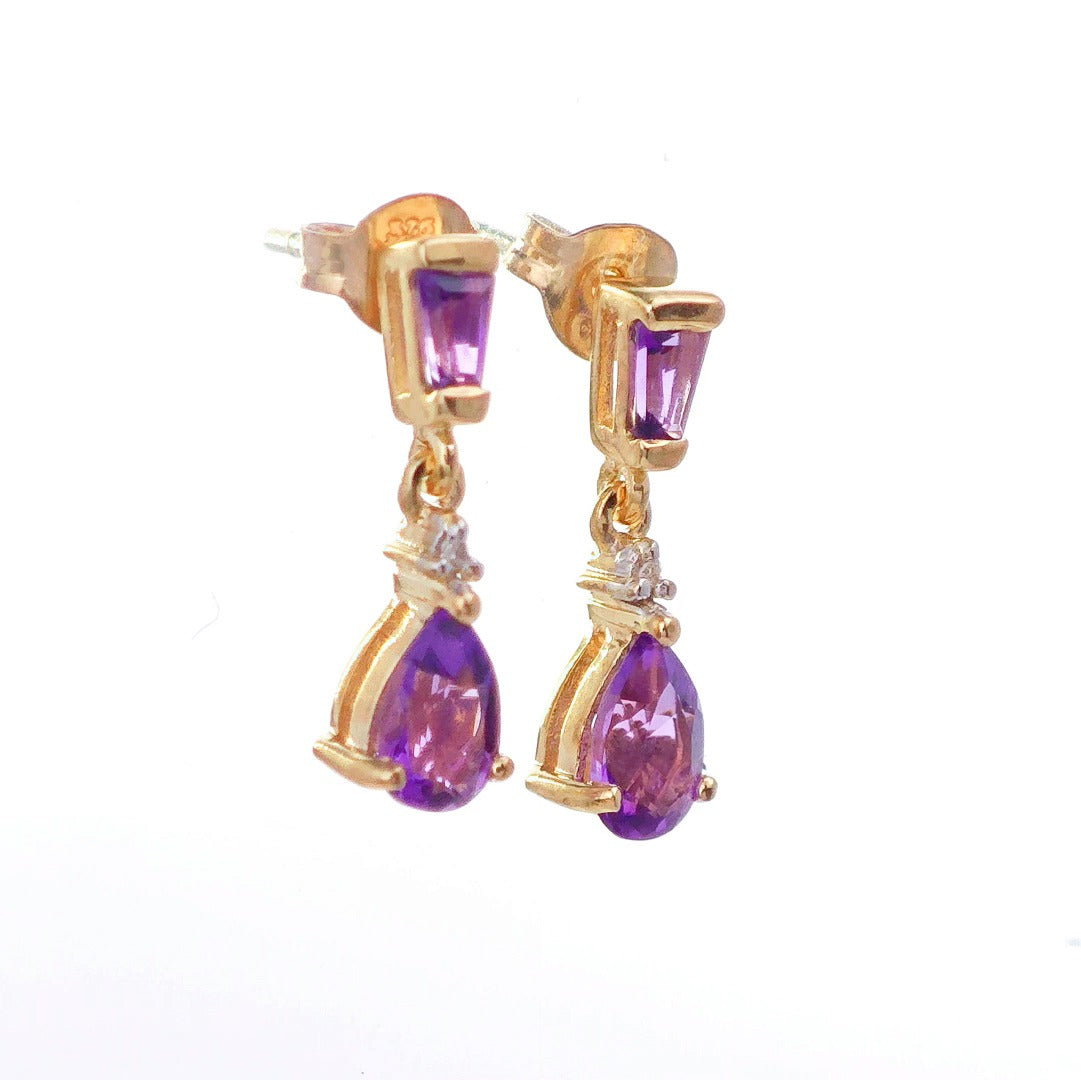 9ct Amethyst Diamond Earrings Gold Studs Natural Gemstones 0.92ct