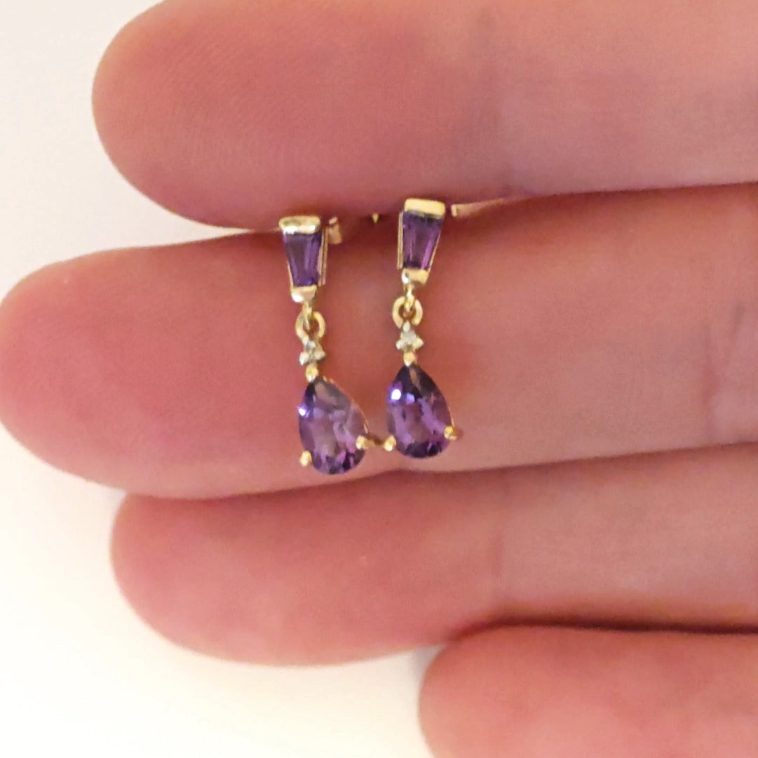 9ct Amethyst Diamond Earrings Gold Studs Natural Gemstones 0.92ct