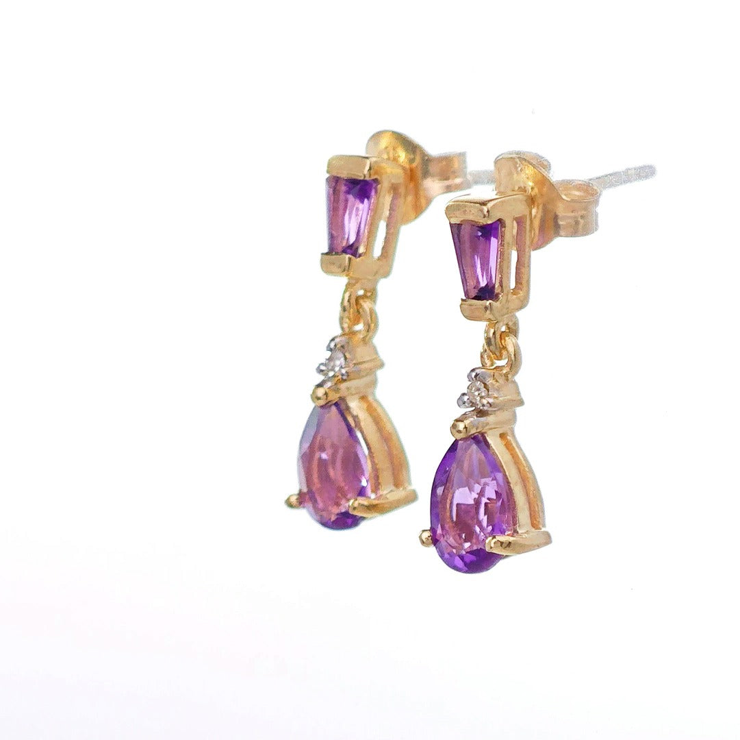 9ct Amethyst Diamond Earrings Gold Studs Natural Gemstones 0.92ct