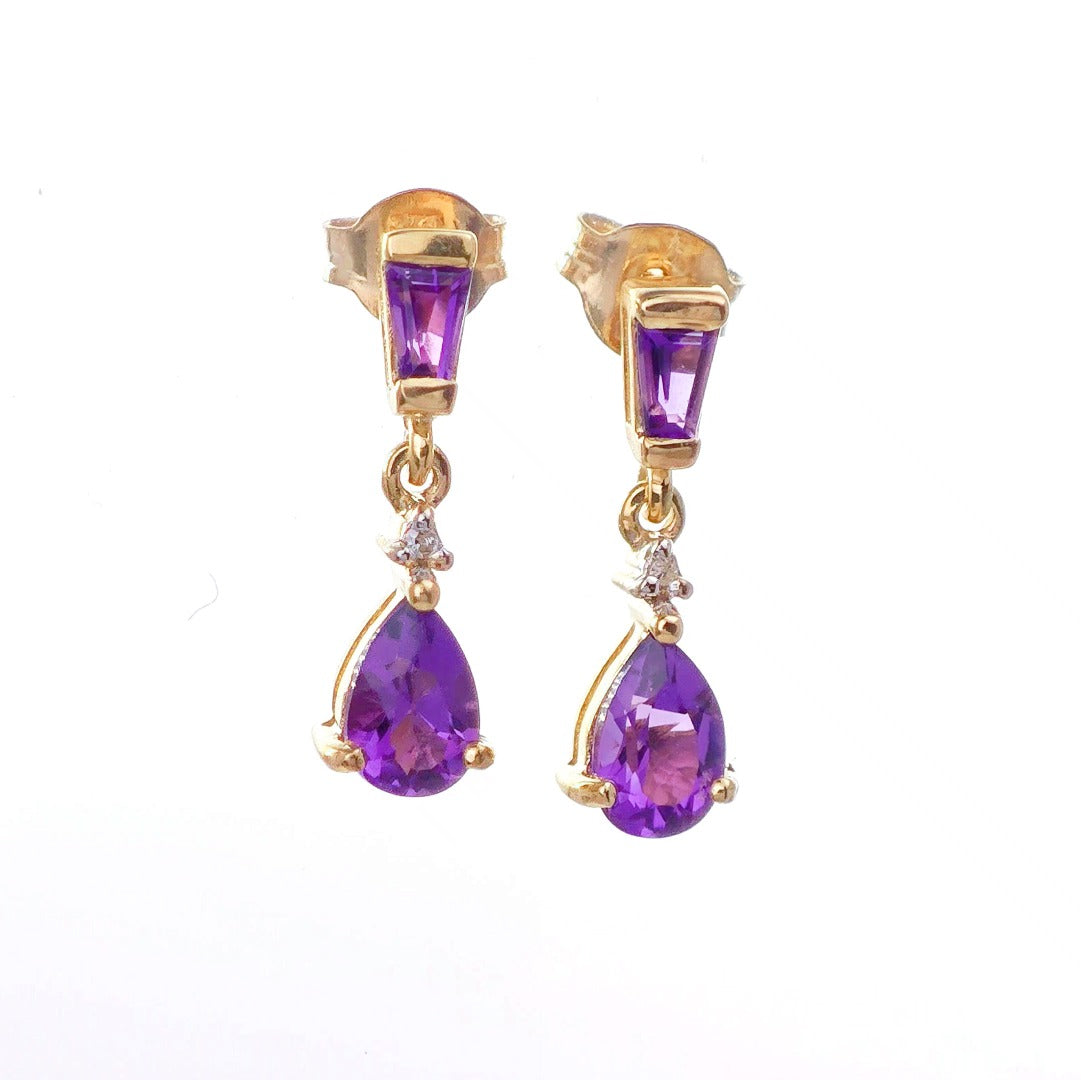 9ct Amethyst Diamond Earrings Gold Studs Natural Gemstones 0.92ct