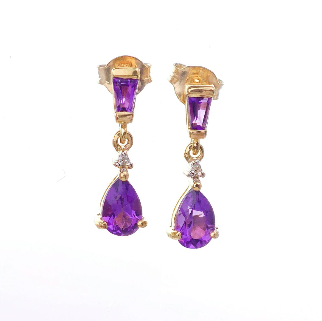 9ct Amethyst Diamond Earrings Gold Studs Natural Gemstones 0.92ct
