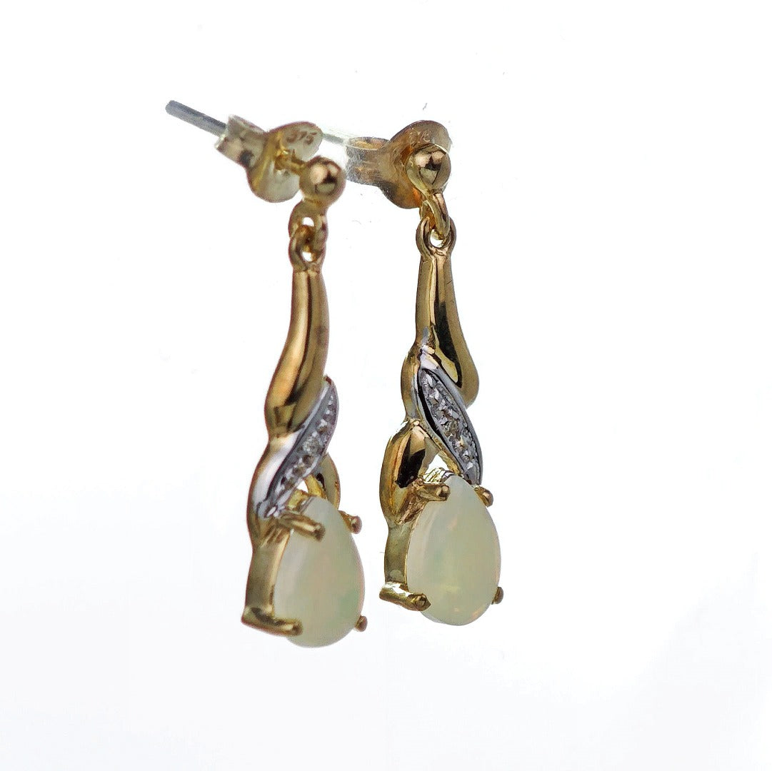 9ct Opal Dangle Earrings Diamond Gold Natural White Gemstones 0.88ct