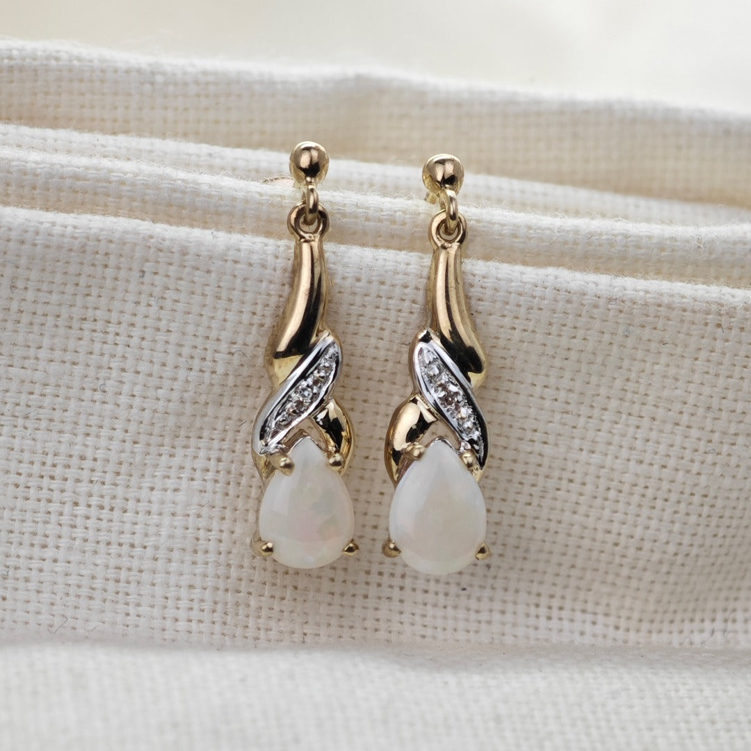9ct Opal Dangle Earrings Diamond Gold Natural White Gemstones 0.88ct