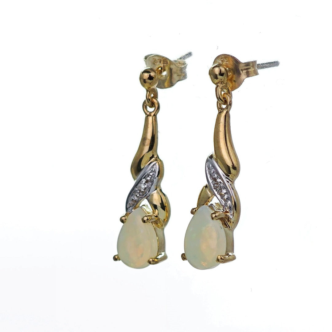 9ct Opal Dangle Earrings Diamond Gold Natural White Gemstones 0.88ct