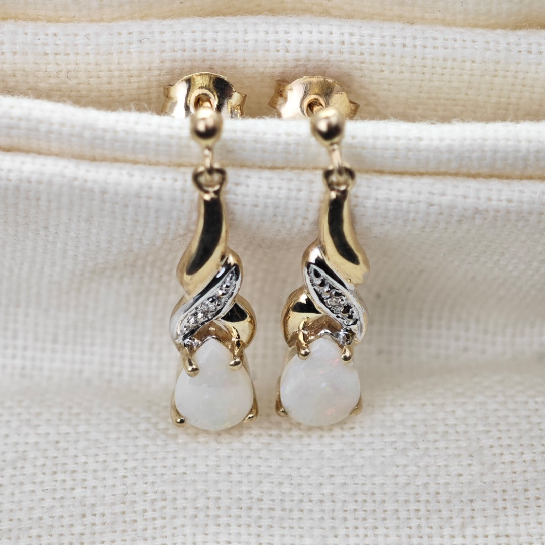 9ct Opal Dangle Earrings Diamond Gold Natural White Gemstones 0.88ct