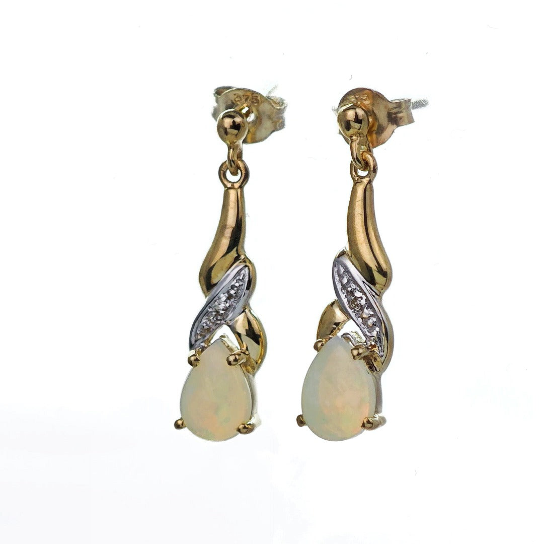 9ct Opal Dangle Earrings Diamond Gold Natural White Gemstones 0.88ct