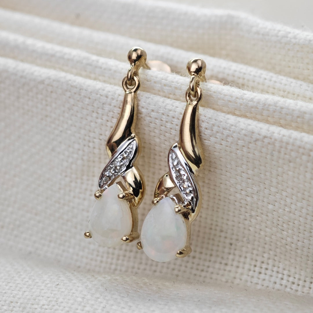 9ct Opal Dangle Earrings Diamond Gold Natural White Gemstones 0.88ct