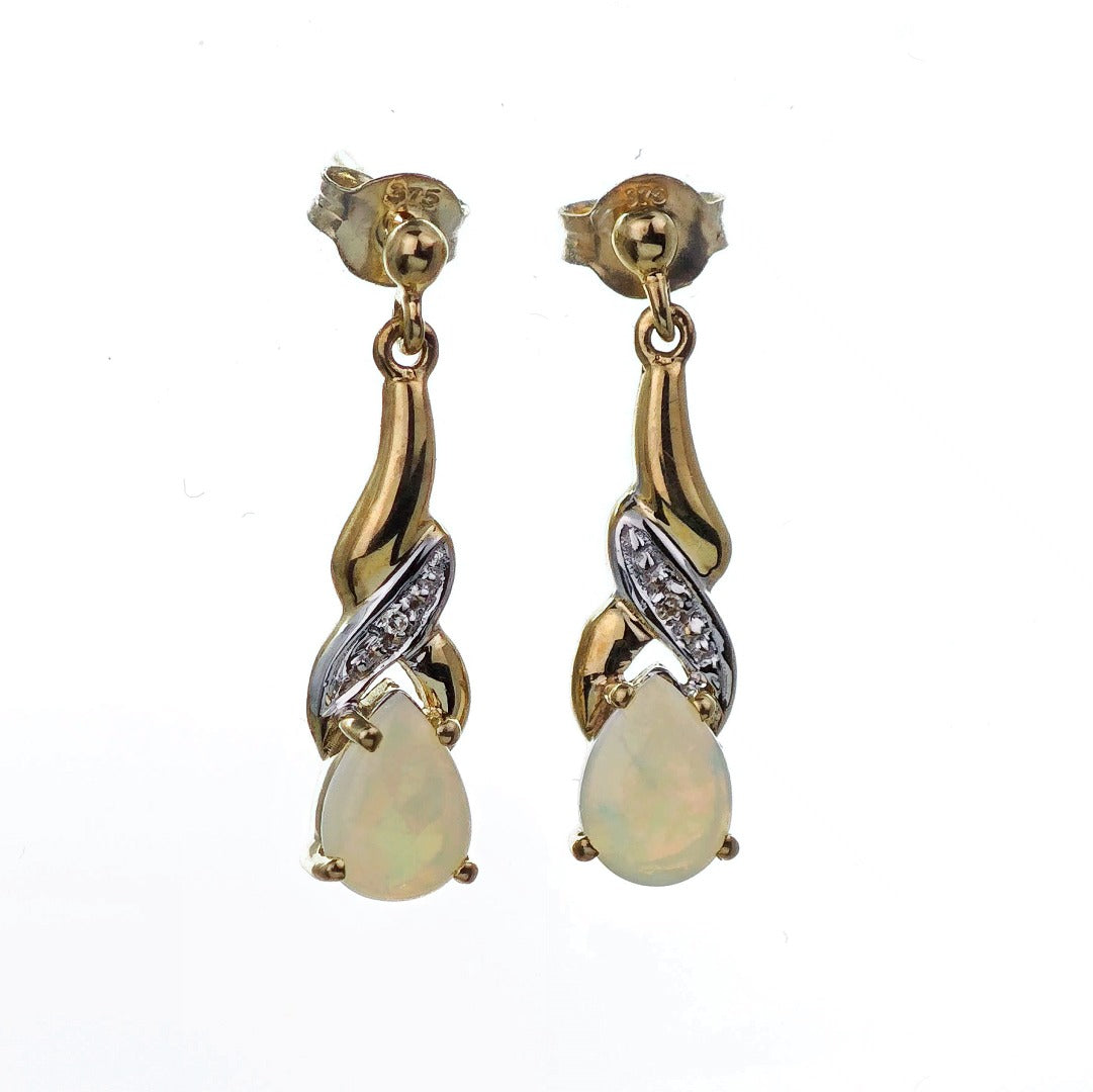 9ct Opal Dangle Earrings Diamond Gold Natural White Gemstones 0.88ct