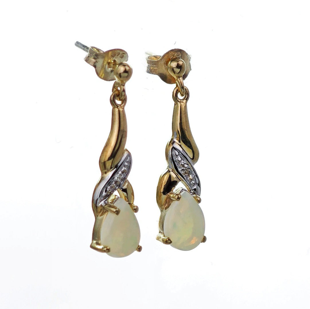 9ct Opal Dangle Earrings Diamond Gold Natural White Gemstones 0.88ct