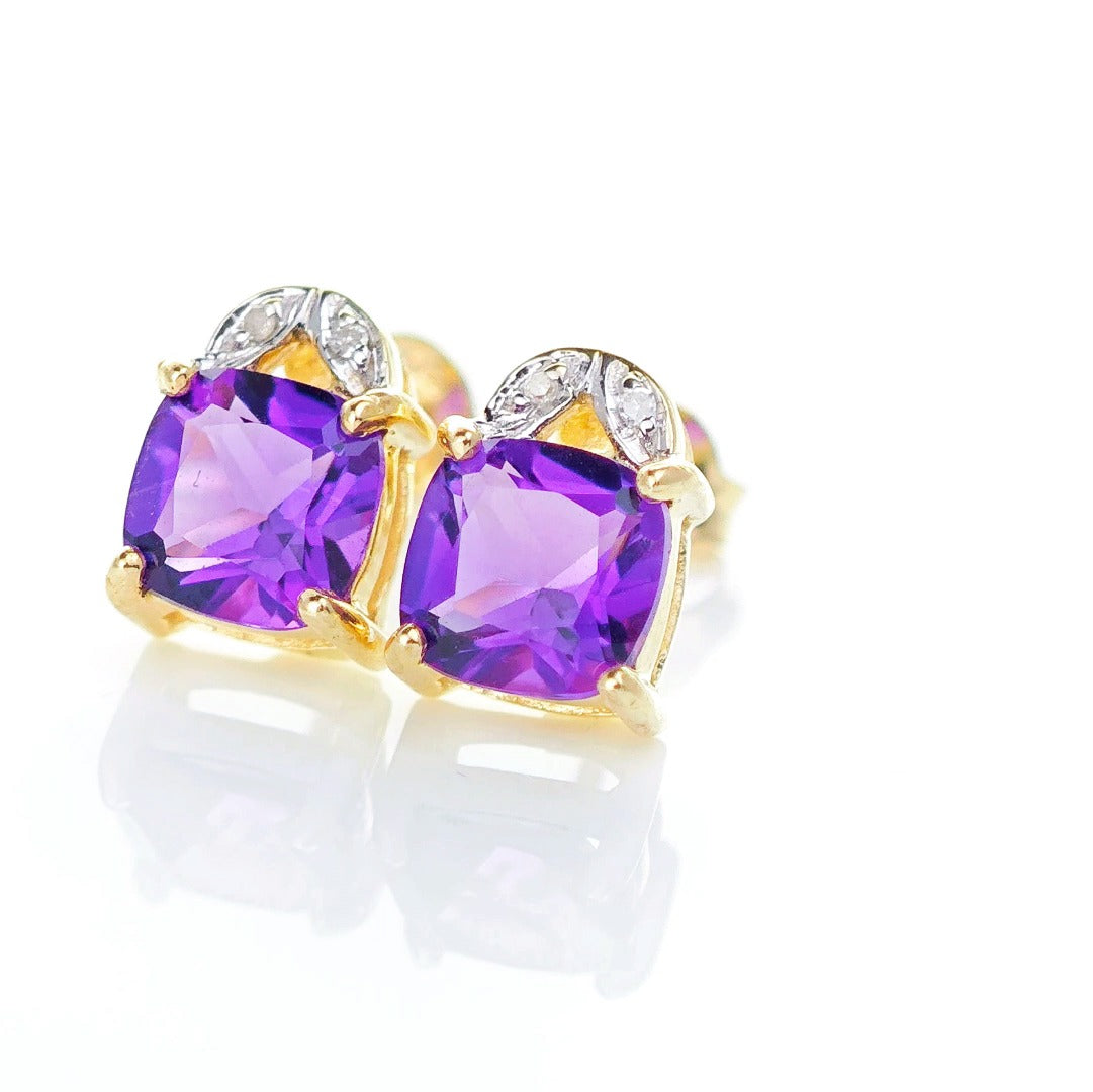 9ct Amethyst Diamond Earrings Gold Studs Natural Purple Cushion Gemstones1.90ct