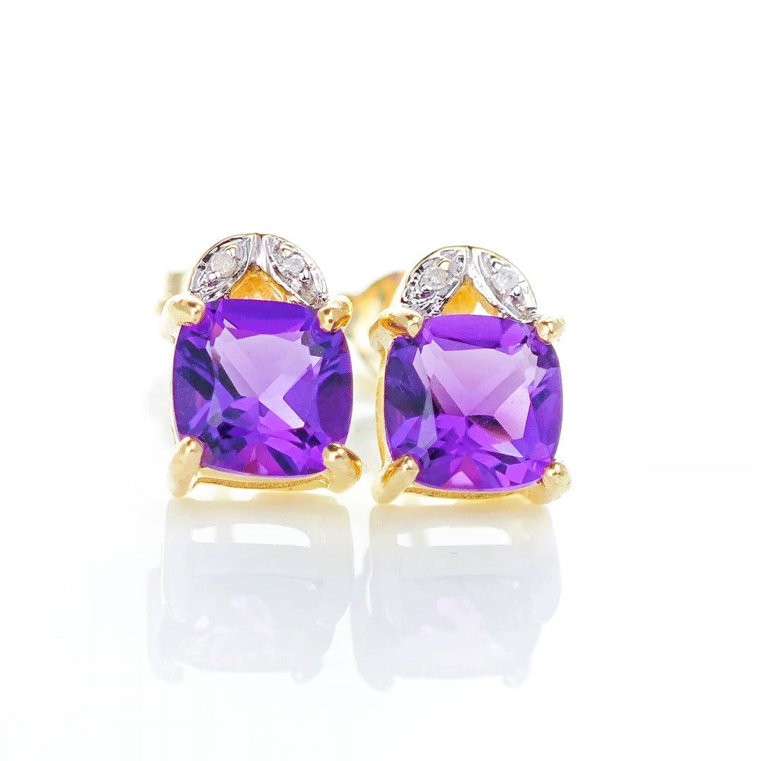 9ct Amethyst Diamond Earrings Gold Studs Natural Purple Cushion Gemstones1.90ct