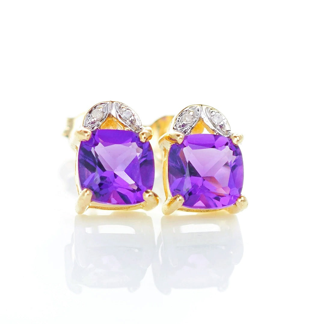 9ct Amethyst Diamond Earrings Gold Studs Natural Purple Cushion Gemstones1.90ct