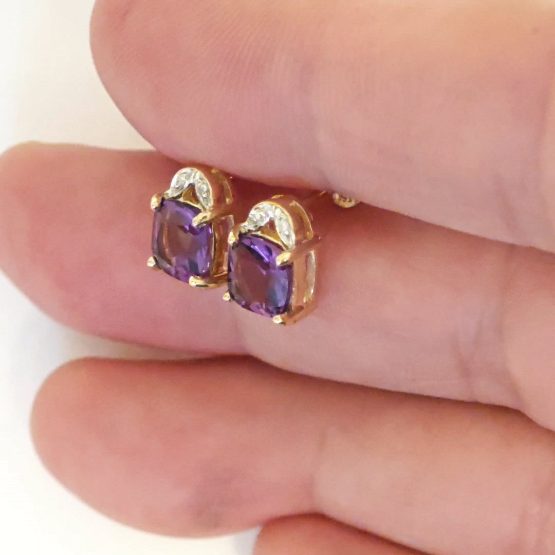 9ct Amethyst Diamond Earrings Gold Studs Natural Purple Cushion Gemstones1.90ct