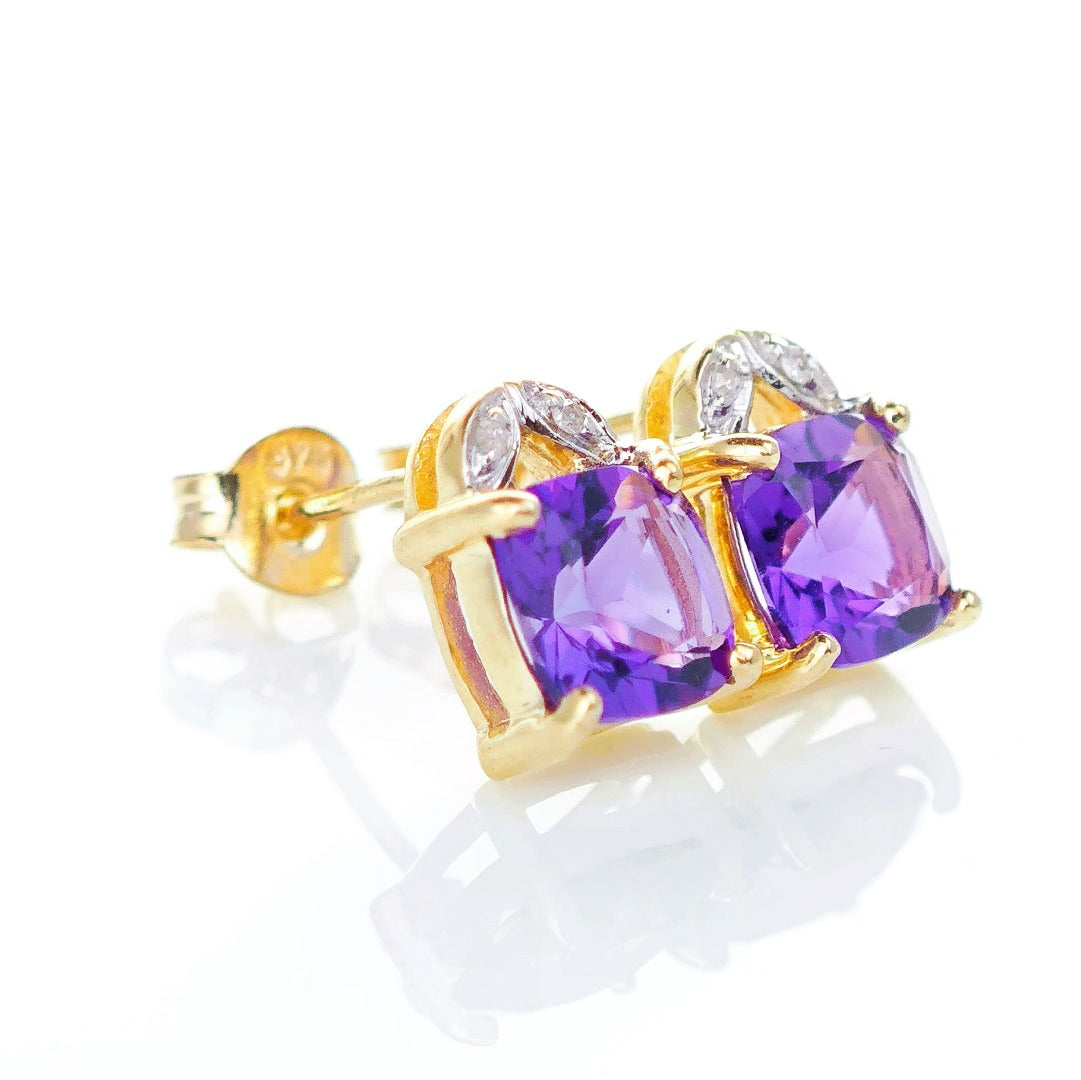 9ct Amethyst Diamond Earrings Gold Studs Natural Purple Cushion Gemstones1.90ct