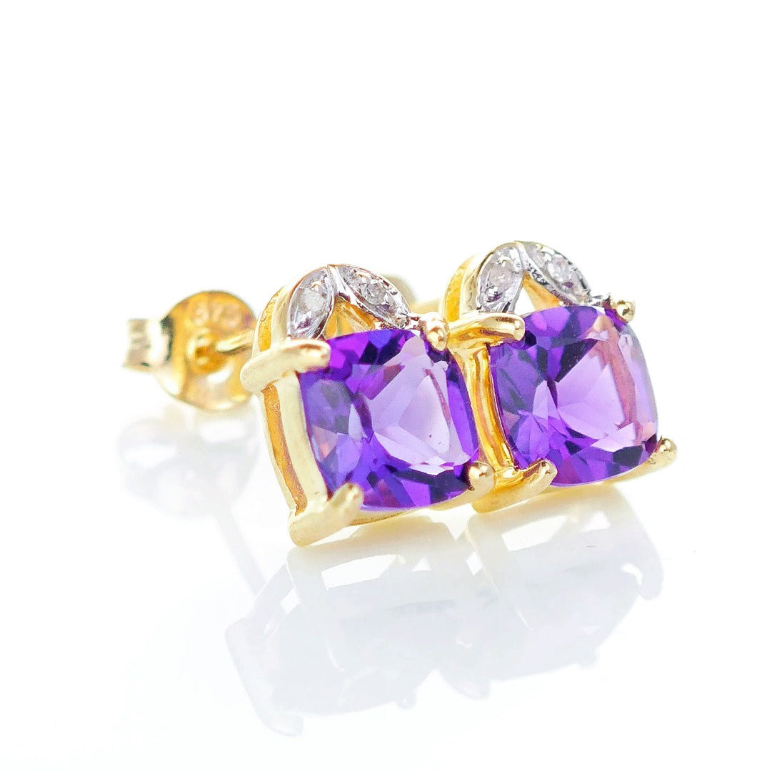 9ct Amethyst Diamond Earrings Gold Studs Natural Purple Cushion Gemstones1.90ct