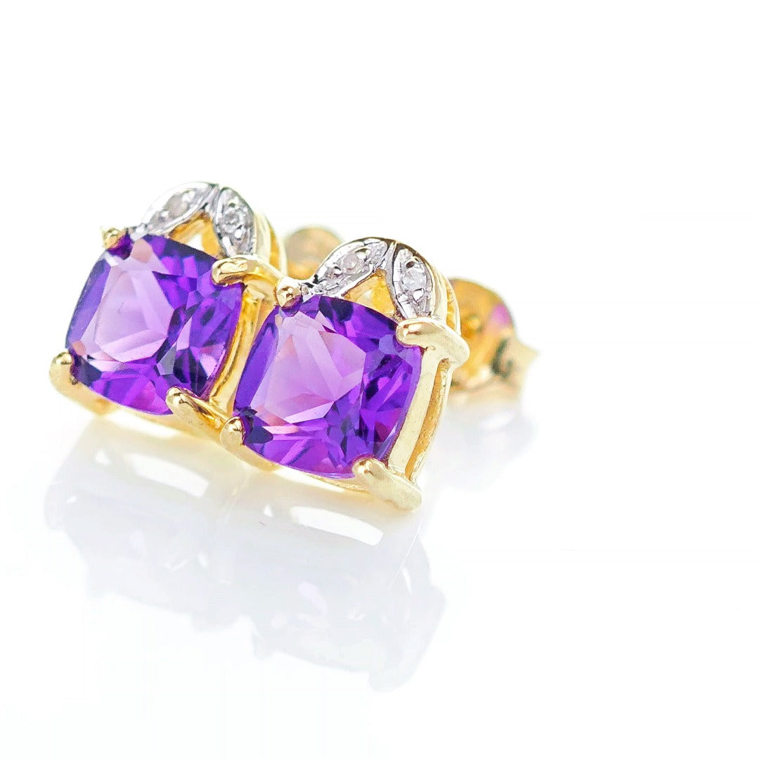 9ct Amethyst Diamond Earrings Gold Studs Natural Purple Cushion Gemstones1.90ct