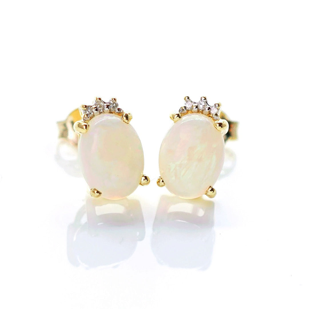 9ct Opal Diamond Earrings Gold Studs Natural white Gemstones 1.29ct Boxed Gift