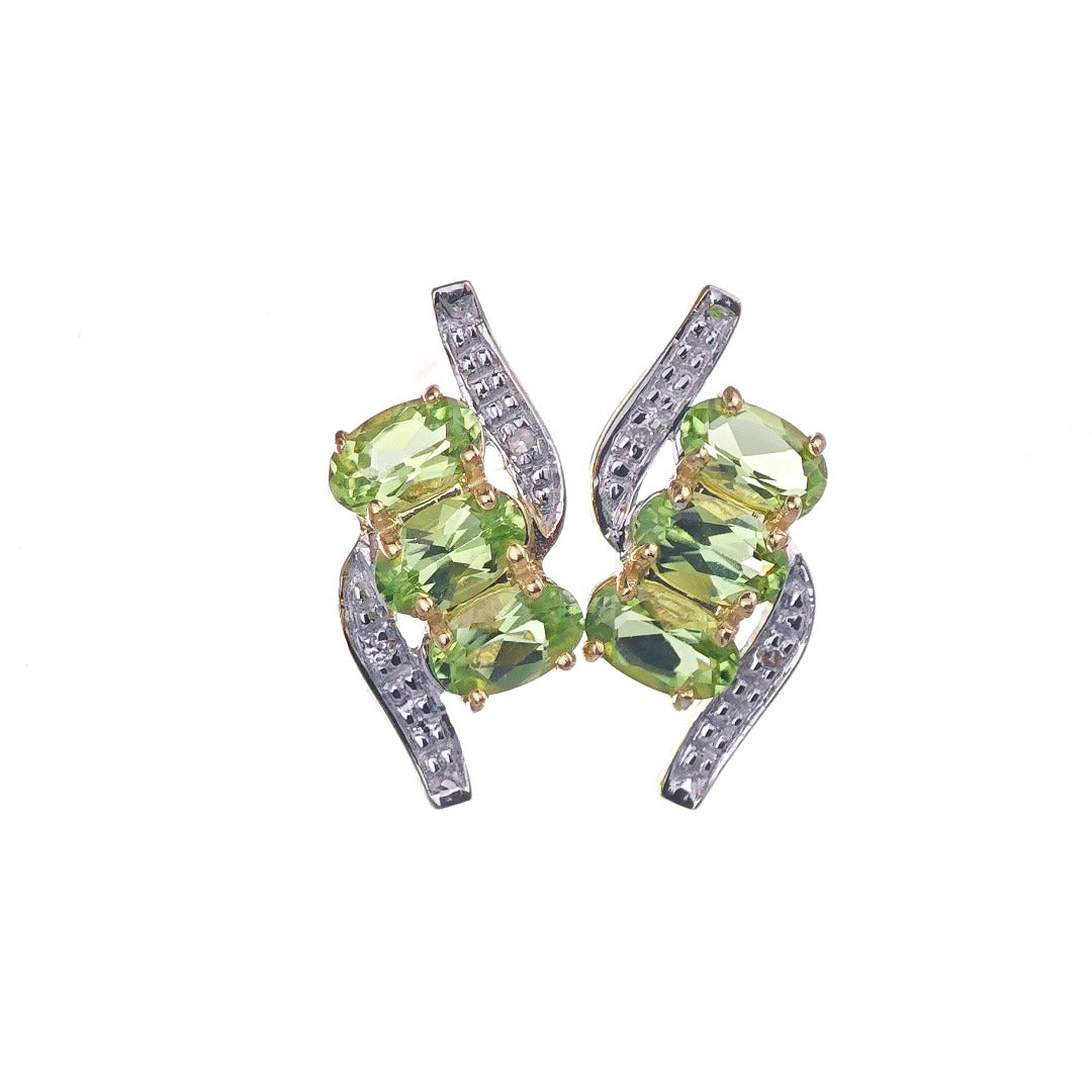 9ct Peridot Diamond Earrings Gold Trilogy Studs Natural Green Gemstones 2.58ct