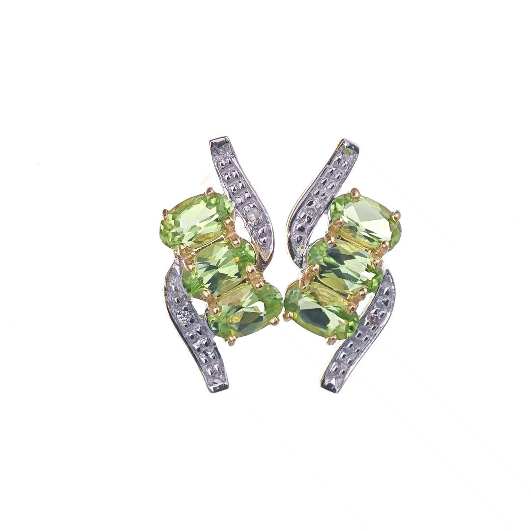 9ct Peridot Diamond Earrings Gold Trilogy Studs Natural Green Gemstones 2.58ct