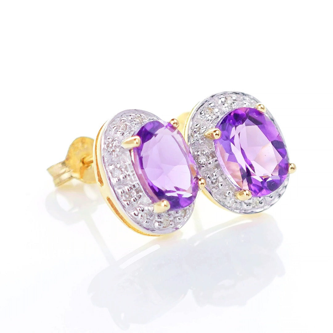9ct Amethyst Diamond Earrings Gold Studs Natural Purple Oval Gemstones 2.20ct