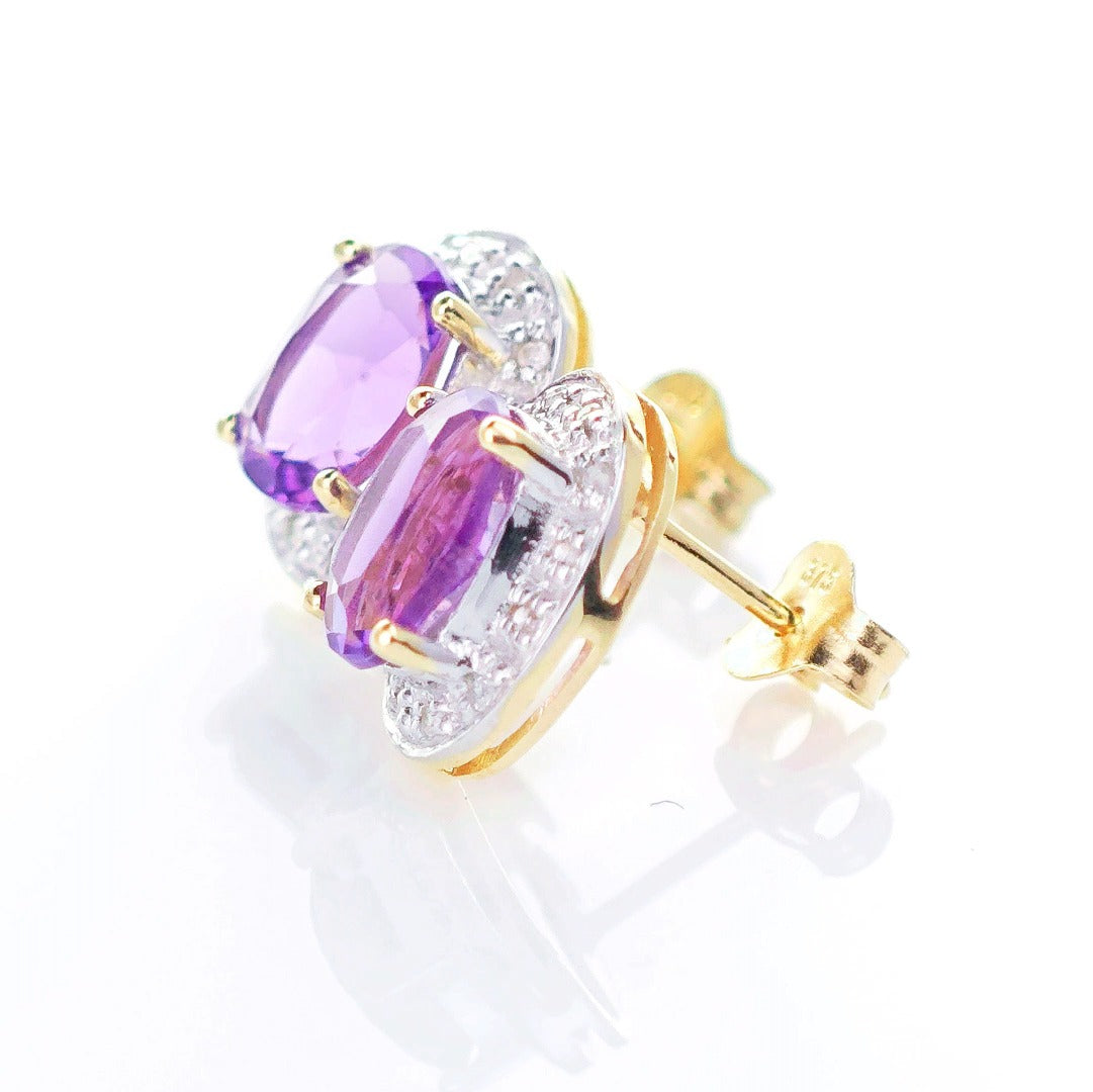 9ct Amethyst Diamond Earrings Gold Studs Natural Purple Oval Gemstones 2.20ct
