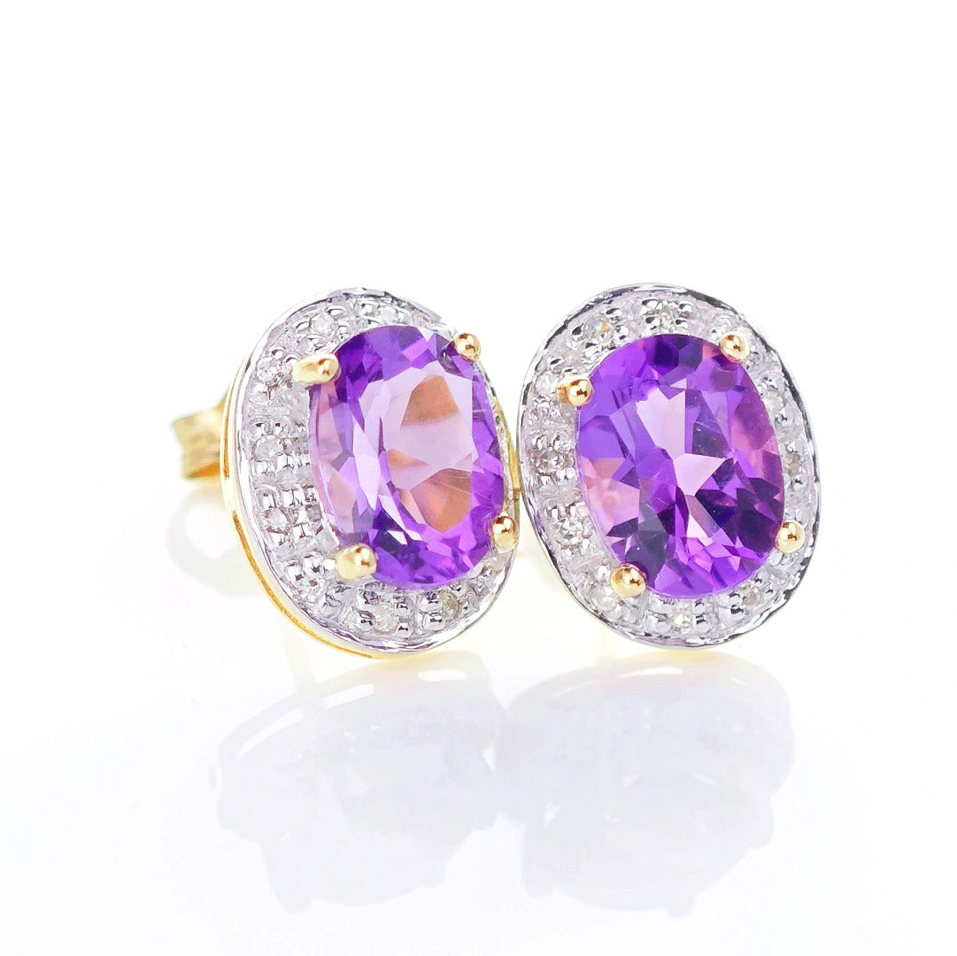 9ct Amethyst Diamond Earrings Gold Studs Natural Purple Oval Gemstones 2.20ct