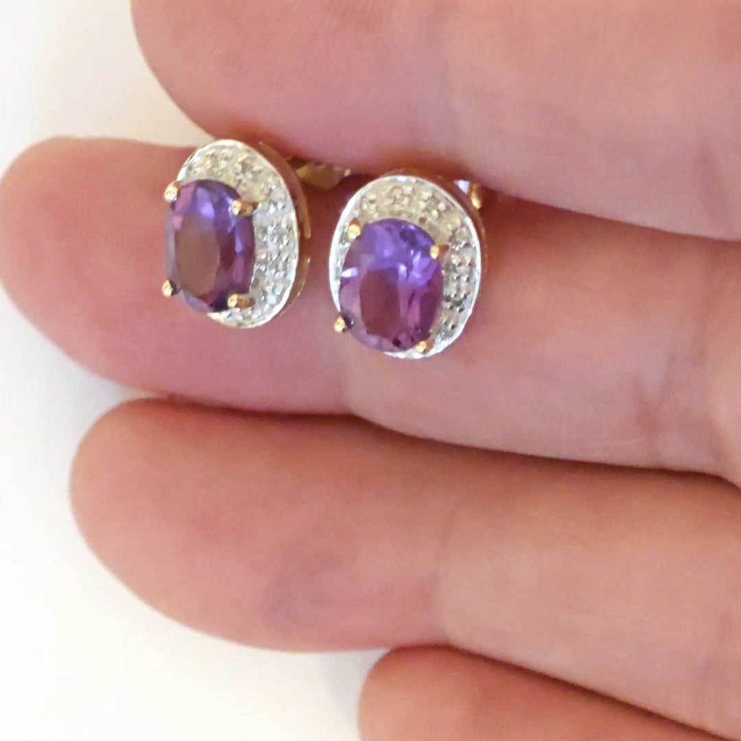 9ct Amethyst Diamond Earrings Gold Studs Natural Purple Oval Gemstones 2.20ct
