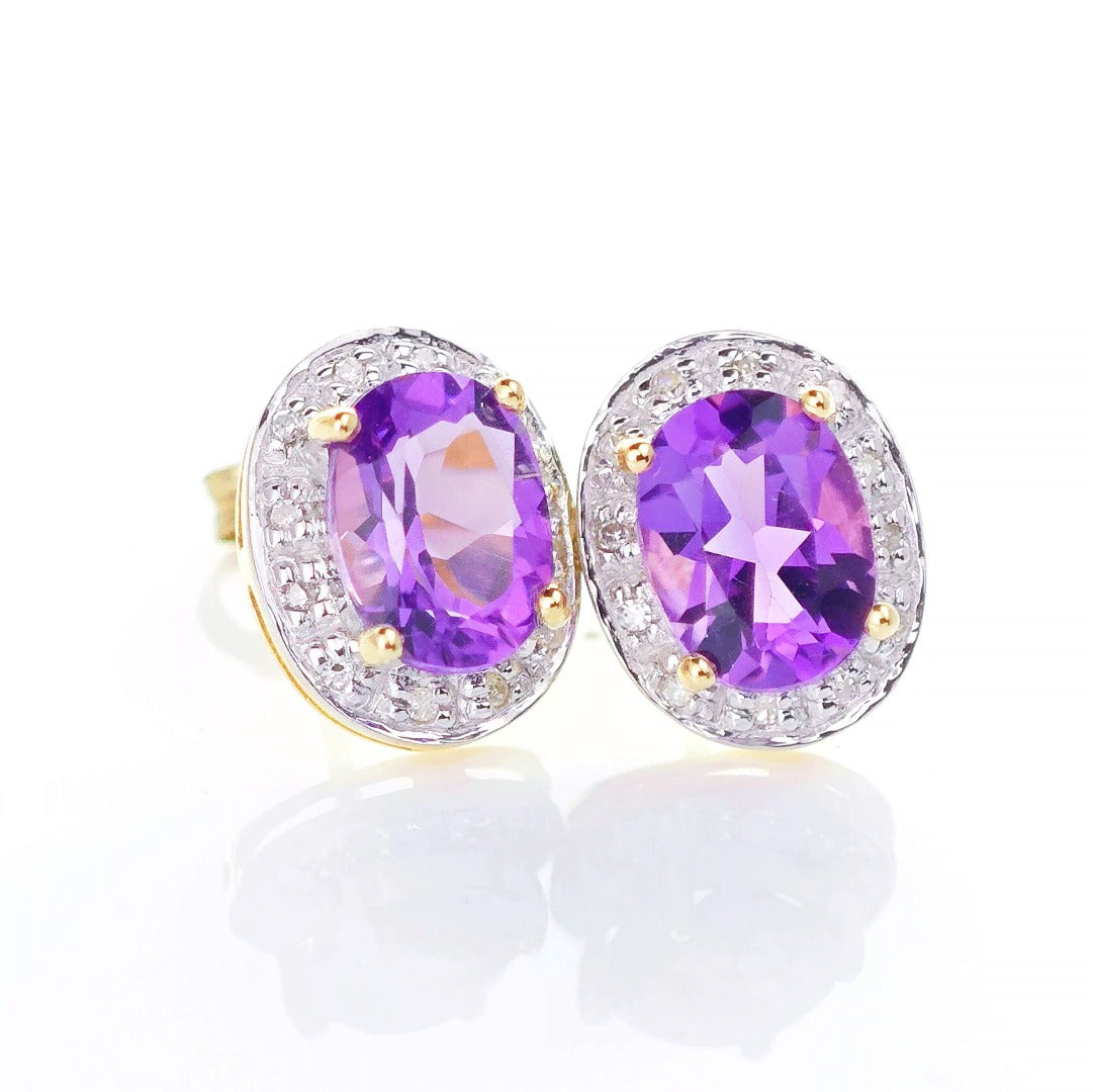9ct Amethyst Diamond Earrings Gold Studs Natural Purple Oval Gemstones 2.20ct