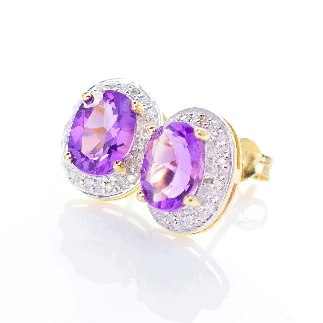 9ct Amethyst Diamond Earrings Gold Studs Natural Purple Oval Gemstones 2.20ct