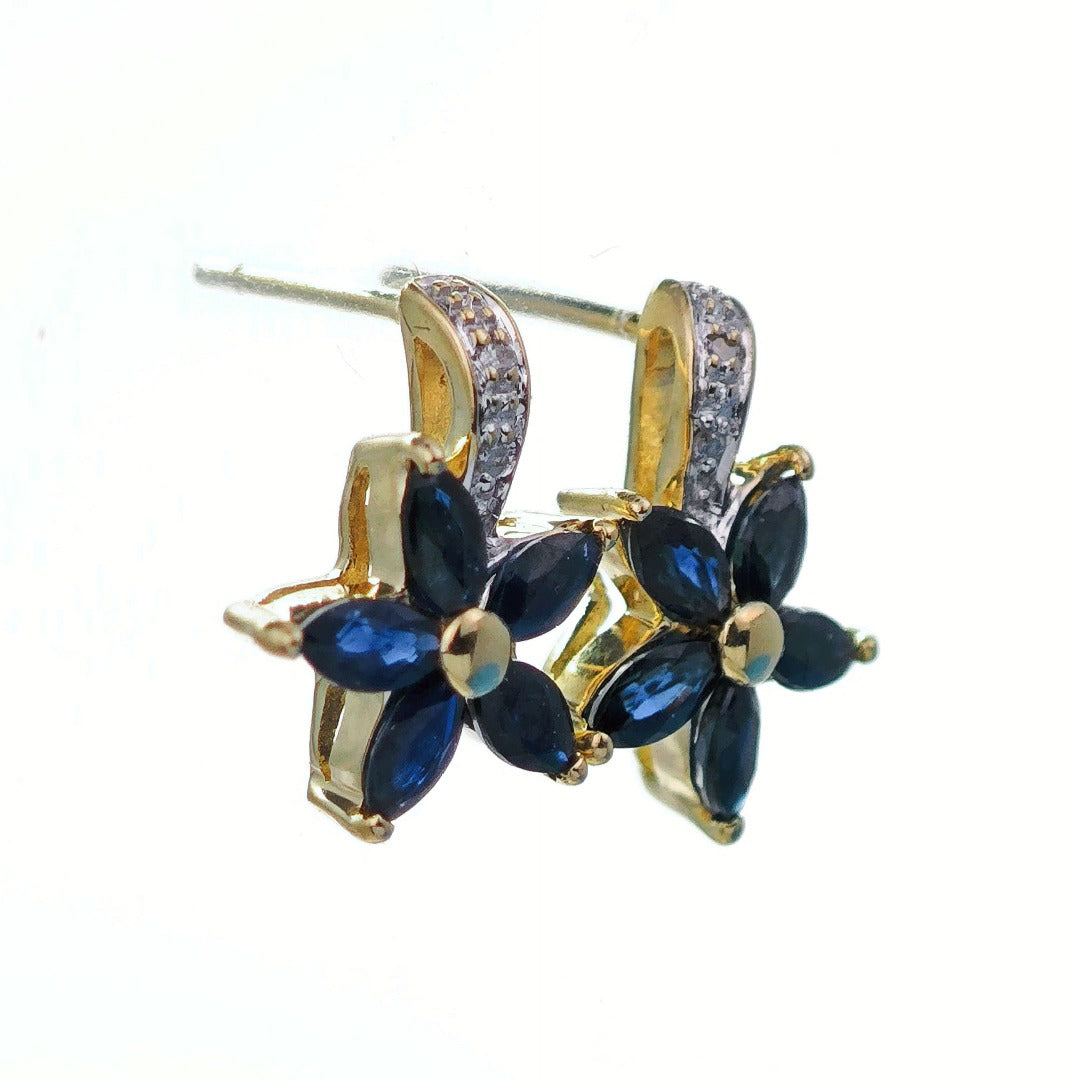 9ct Sapphire Diamond Earrings Gold Flower Studs Natural Blue Gemstones 0.88ct