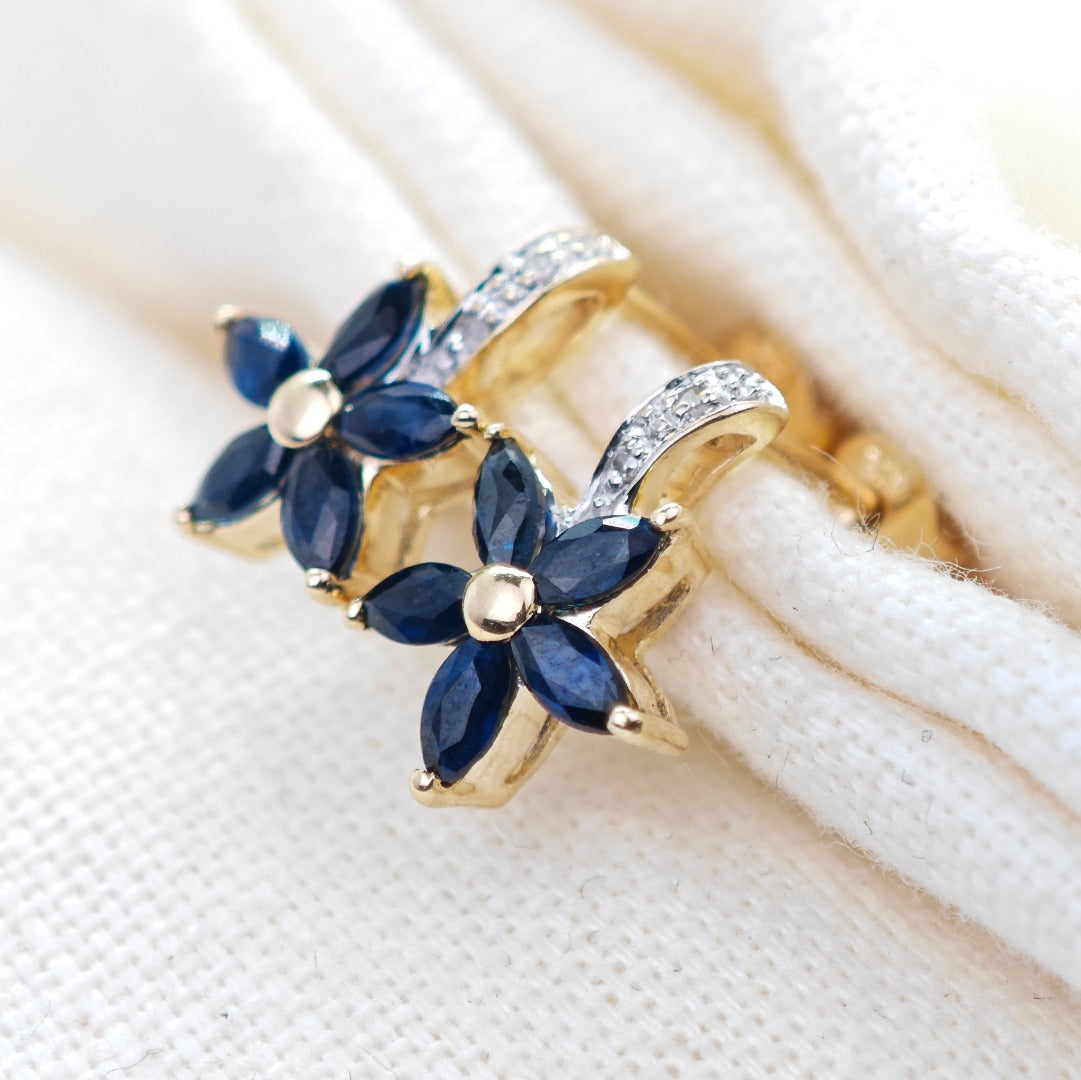 9ct Sapphire Diamond Earrings Gold Flower Studs Natural Blue Gemstones 0.88ct