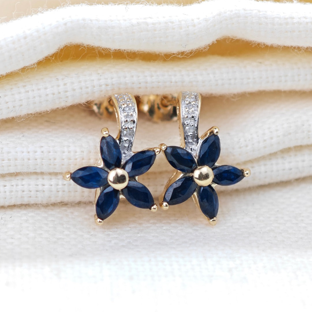 9ct Sapphire Diamond Earrings Gold Flower Studs Natural Blue Gemstones 0.88ct