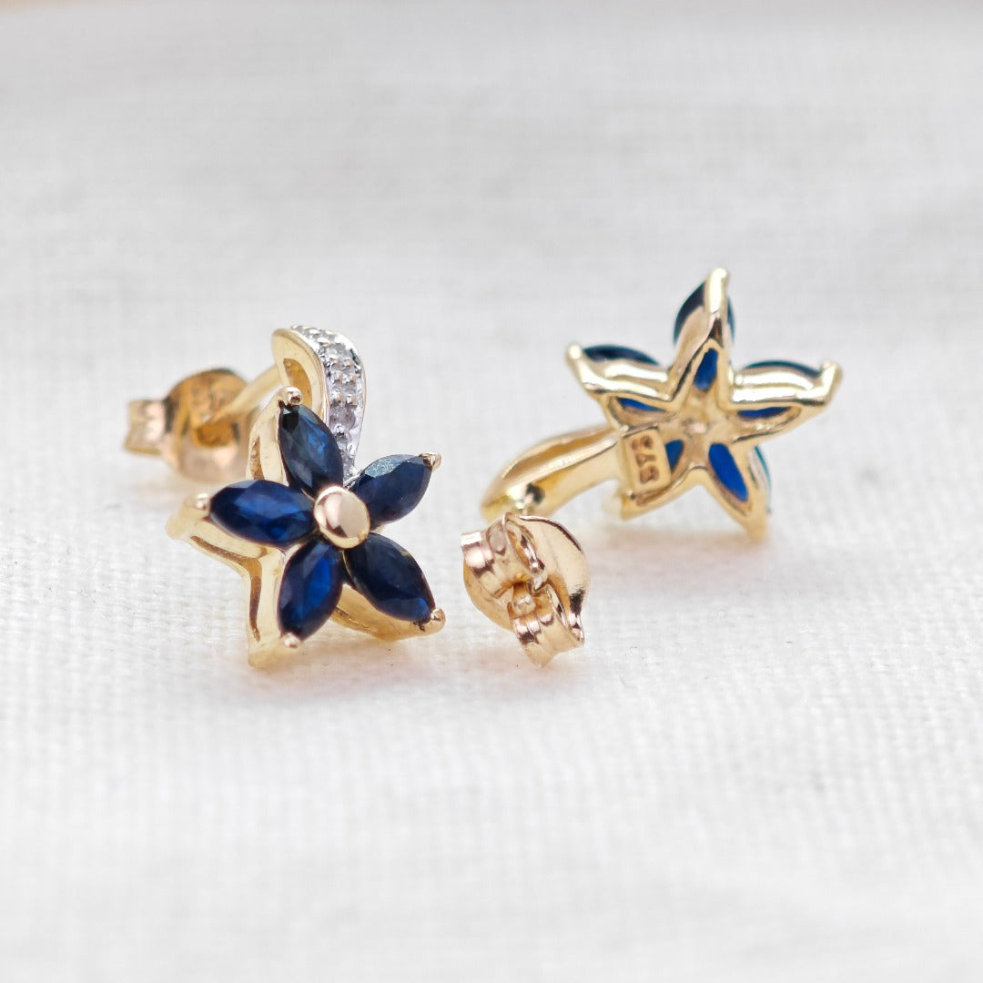 9ct Sapphire Diamond Earrings Gold Flower Studs Natural Blue Gemstones 0.88ct