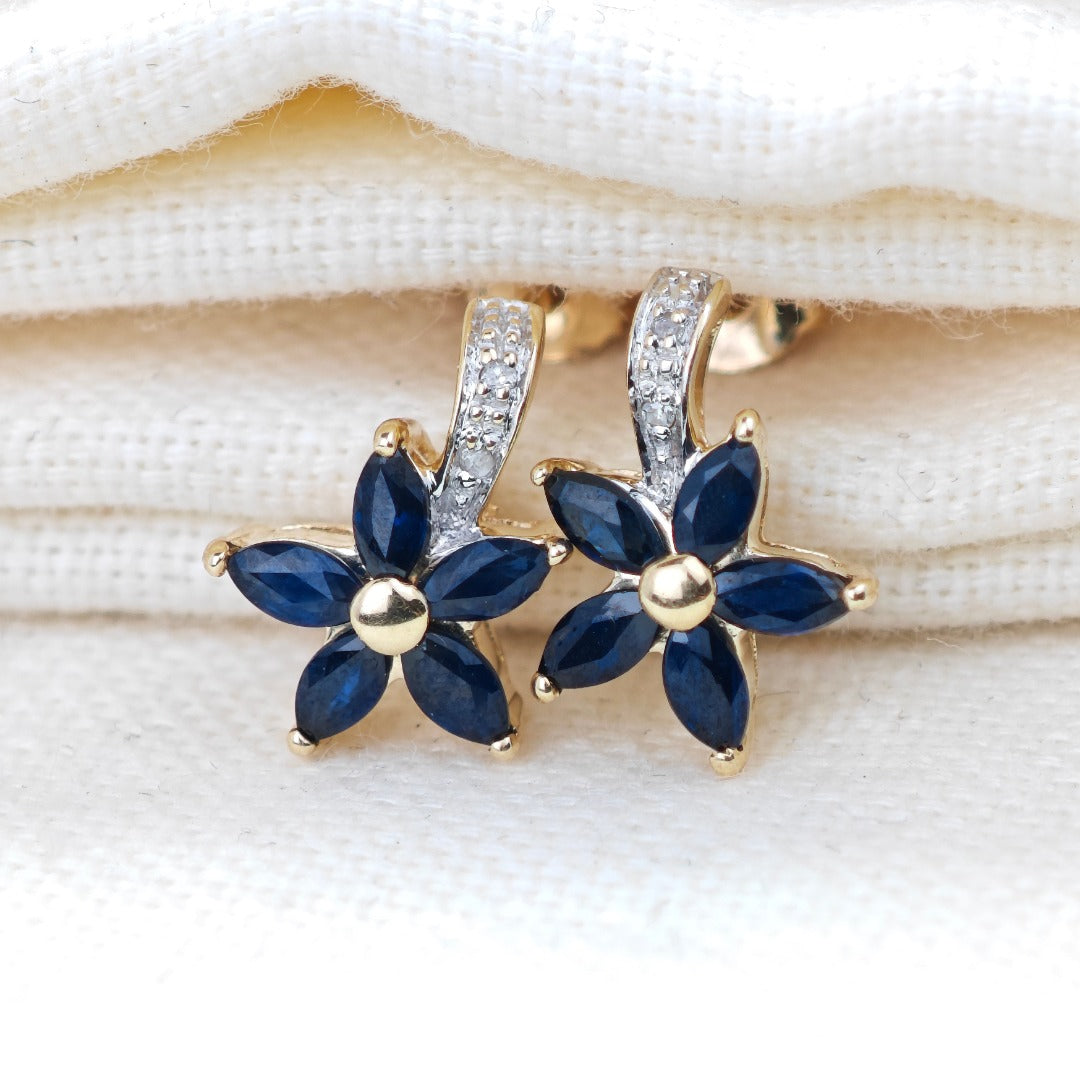 9ct Sapphire Diamond Earrings Gold Flower Studs Natural Blue Gemstones 0.88ct